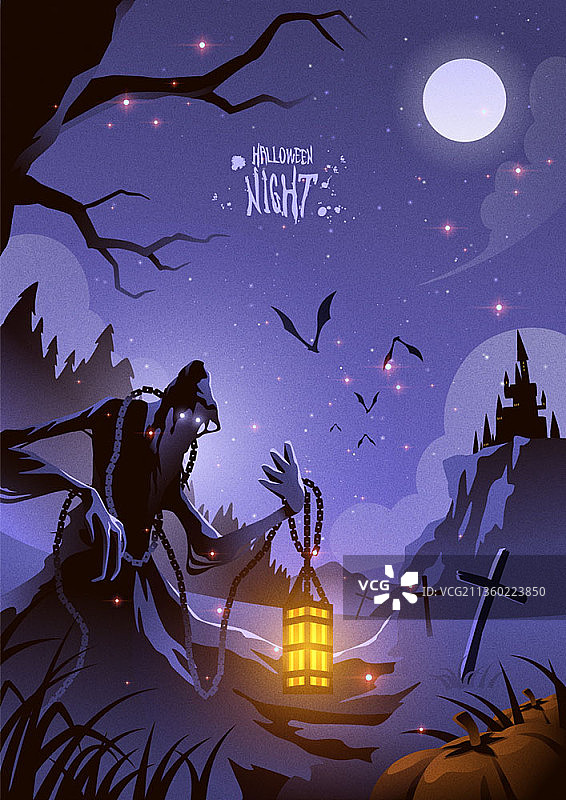 鬼魂在坟墓和城堡里提着灯笼的夜晚矢量图图片素材