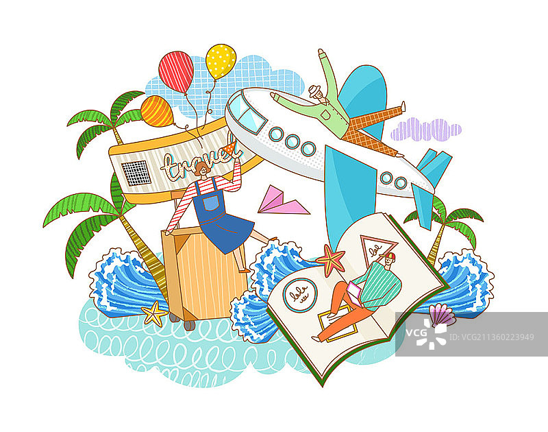 人们喜欢躺在飞机、书本和海浪上的旅行的矢量插图图片素材