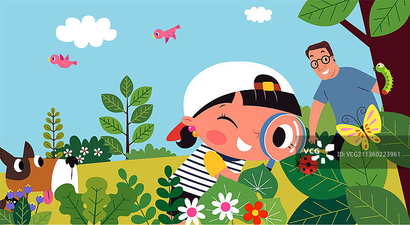 矢量插画：父女野外旅行观察瓢虫图片素材