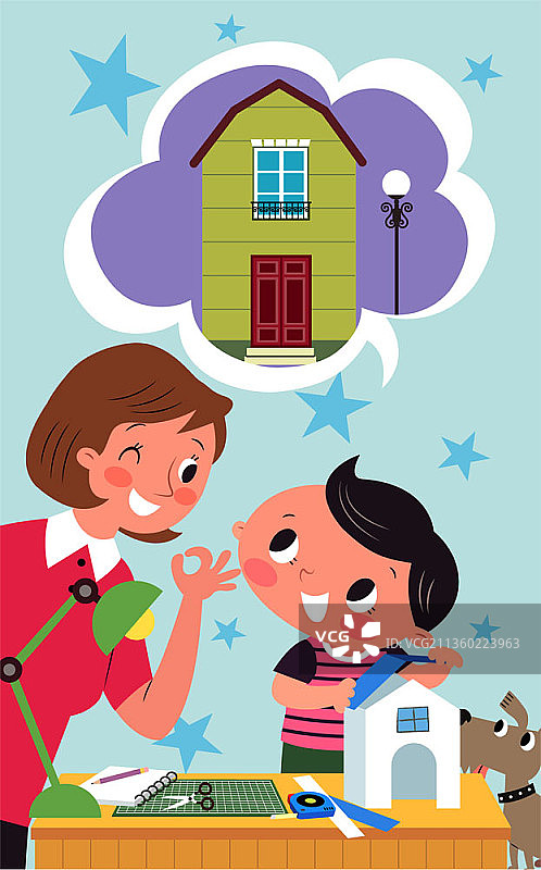 母亲与儿子制作房屋模型矢量插画图片素材