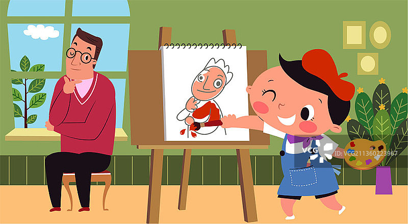 儿子用画笔和调色板在素描本上画父亲的矢量插画图片素材