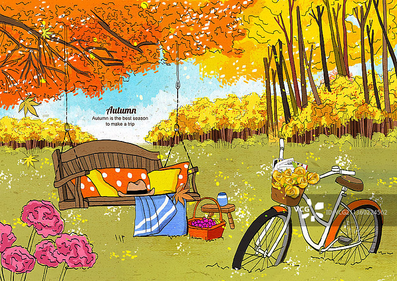 森林秋景插画，配有秋千和自行车图片素材