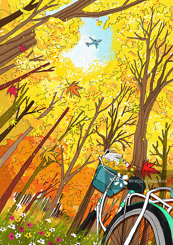森林秋景和自行车插画图片素材