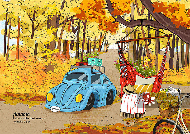 森林秋景插画：汽车、吊床、自行车图片素材