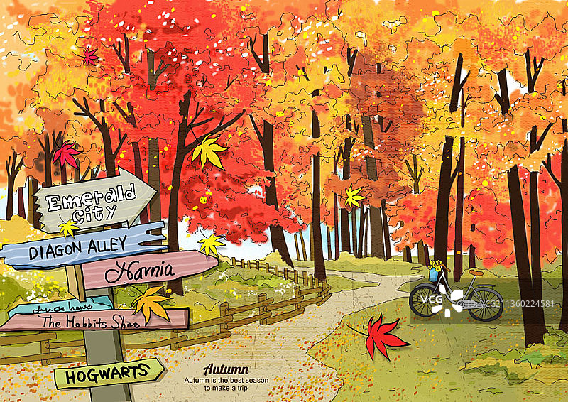 森林秋景插画：路标和树旁边的自行车图片素材