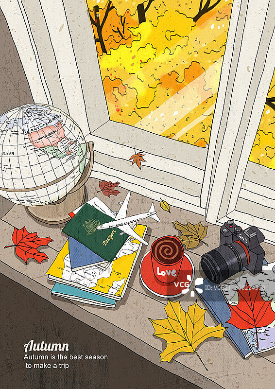窗外秋景，桌上地球仪、护照、咖啡和相机插画图片素材