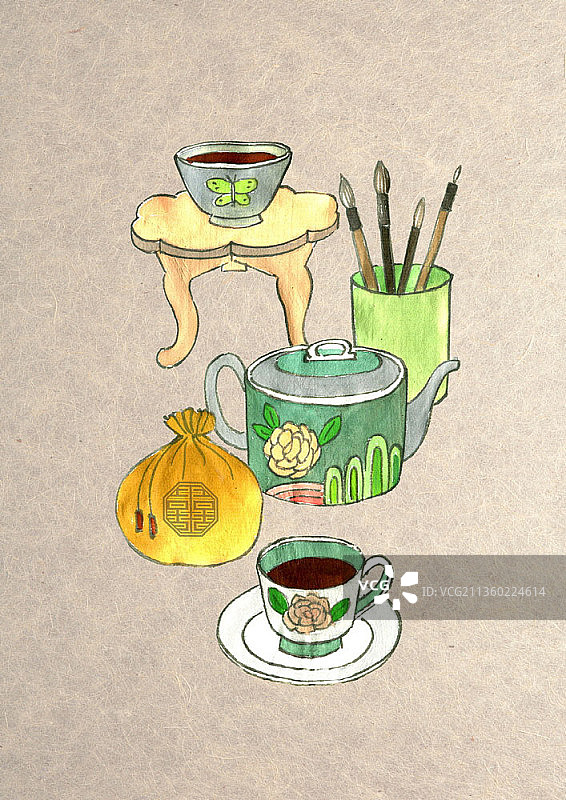 咖啡杯、古董茶壶、幸运袋和传统毛笔插画图片素材