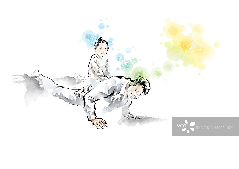 笔触绘画：父亲举着女儿做俯卧撑图片素材