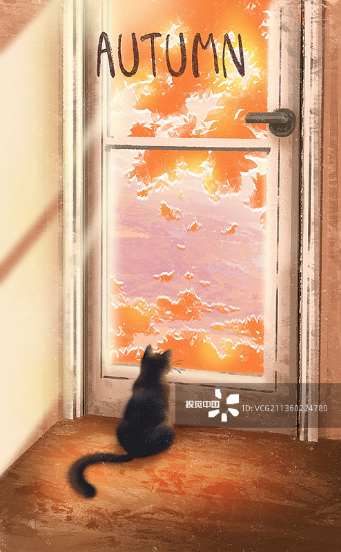 秋季坐在门外面的黑猫插画图片素材