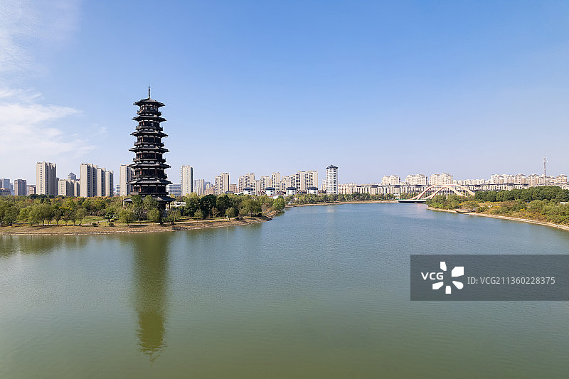航拍宣城广德滨河公园和滨河宝塔图片素材