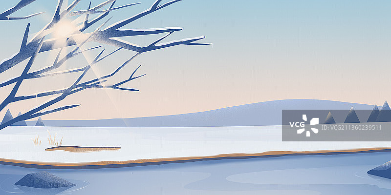 冬日阳光河边雪景横版图片素材
