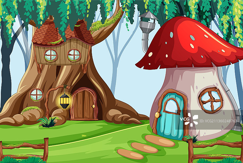 魔法森林中的空心树屋和蘑菇屋图片素材