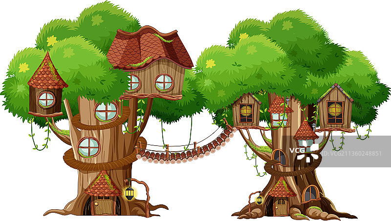 带绳索桥的两座树屋图片素材