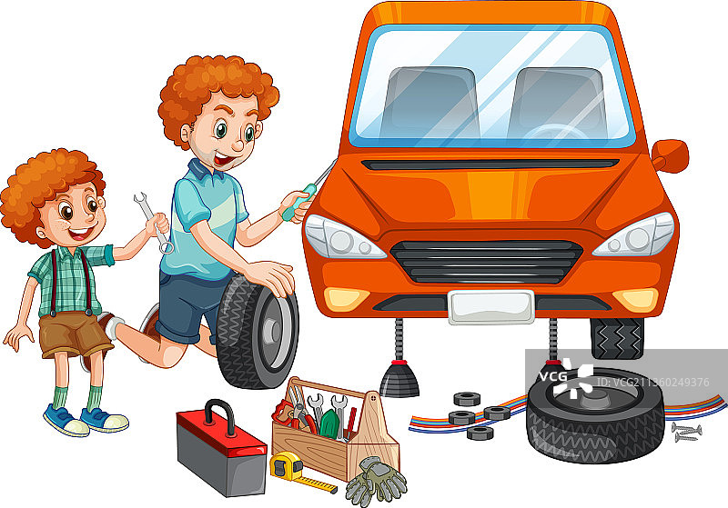 父亲和儿子一起修理汽车图片素材