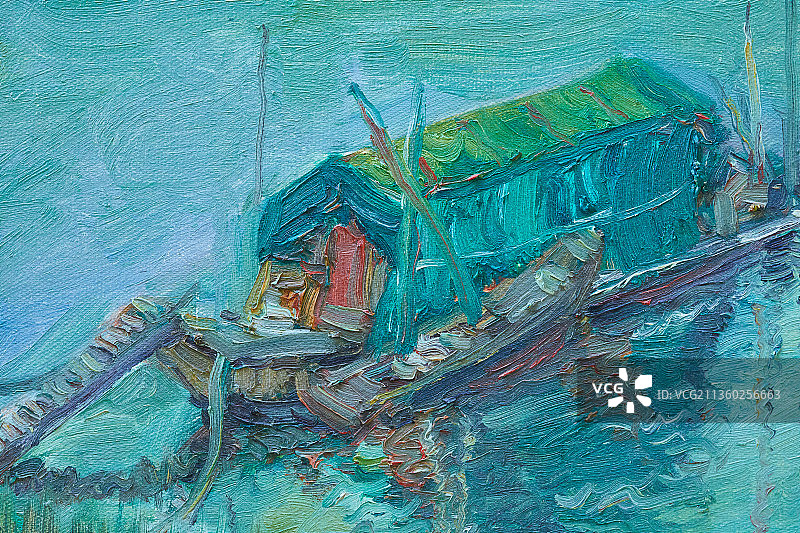 一幅色彩缤纷灿烂画风奔放的现代派表现风景油画作品局部图片素材