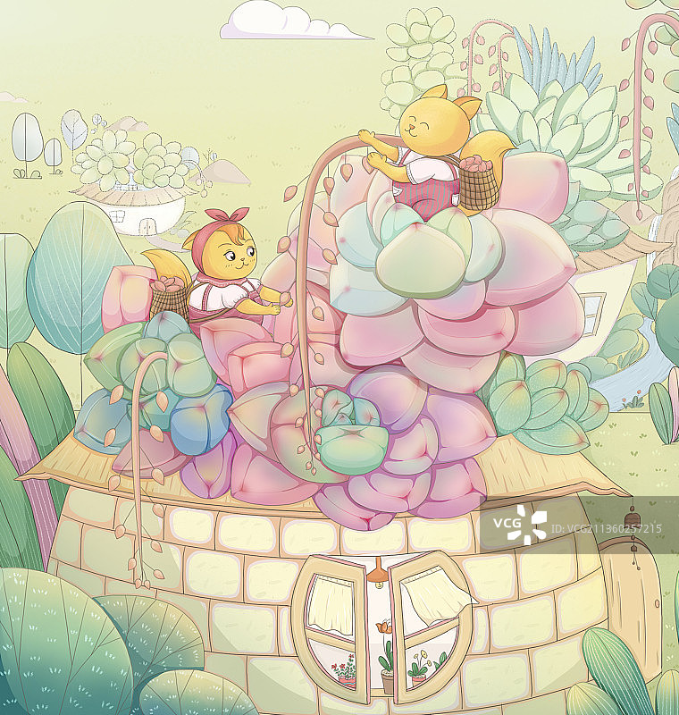 原创手绘多肉部落迷你松鼠丰收绘本插画图片素材