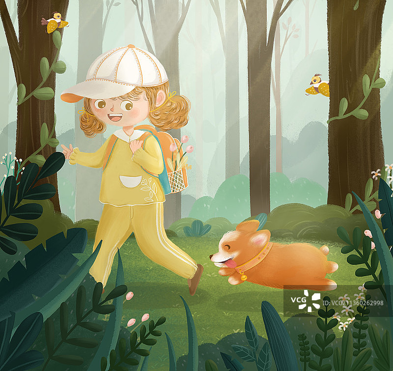 原创手绘春游的小女孩和她的小狗图片素材