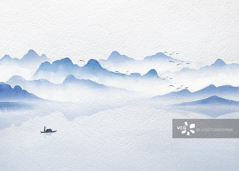 新中式水墨山水风景插画图片素材