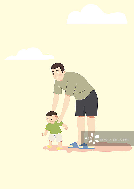 父与子童年往事温馨家庭陪伴孩子成长宝宝学走路萌趣可爱插画图片素材