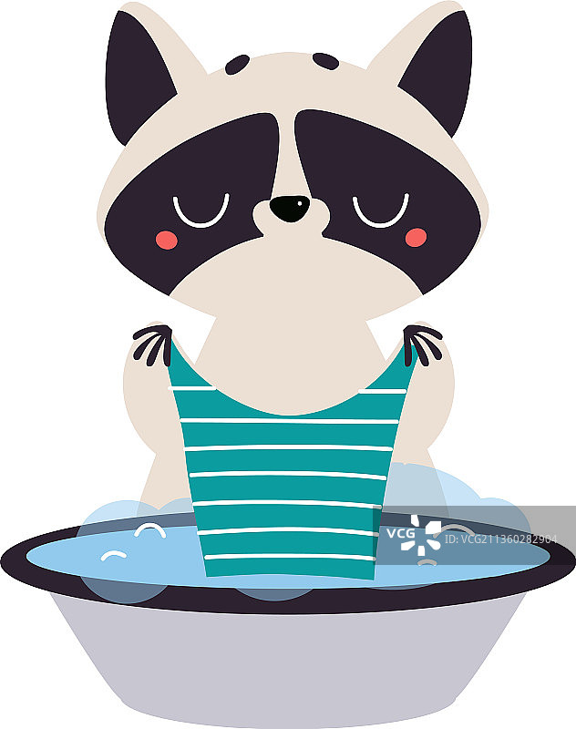 带环尾的可爱浣熊角色在冲洗图片素材