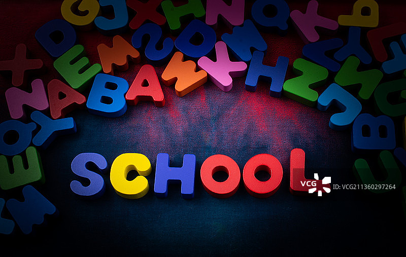 彩色木制字母拼写的“学校”字样图片素材