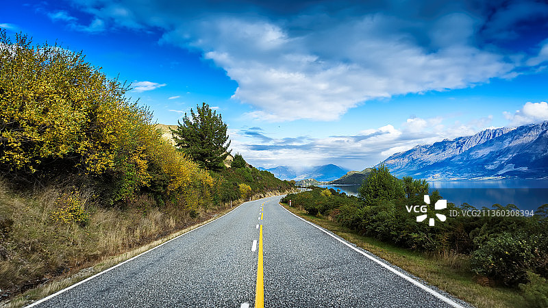 树林中空旷的道路映衬着天空图片素材