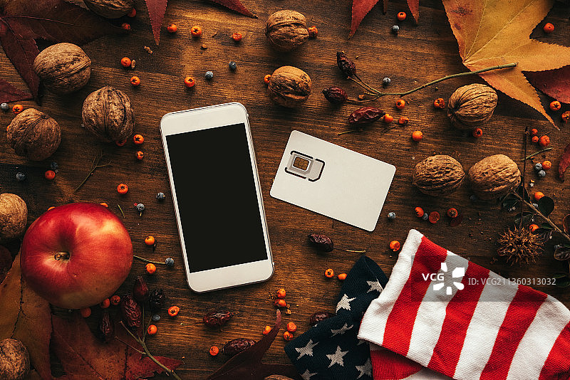 带有感恩节秋季装饰的手机和银行卡图片素材