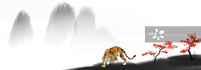中国风虎年插画秋天下山虎图片素材
