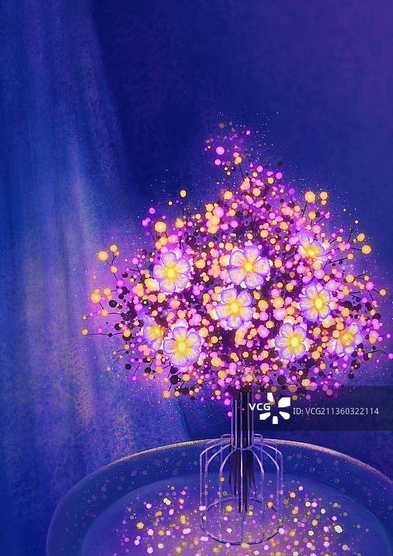 夜晚室内蓝紫色满天星灯插画图片素材