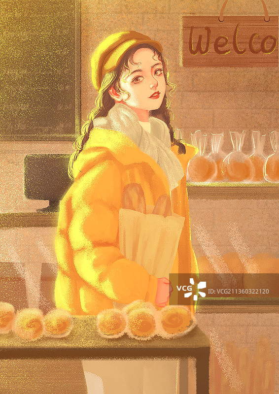 冬日面包店羽绒服编发少女插画图片素材