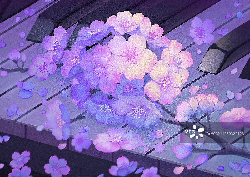 在钢琴上的樱花唯美插画图片素材