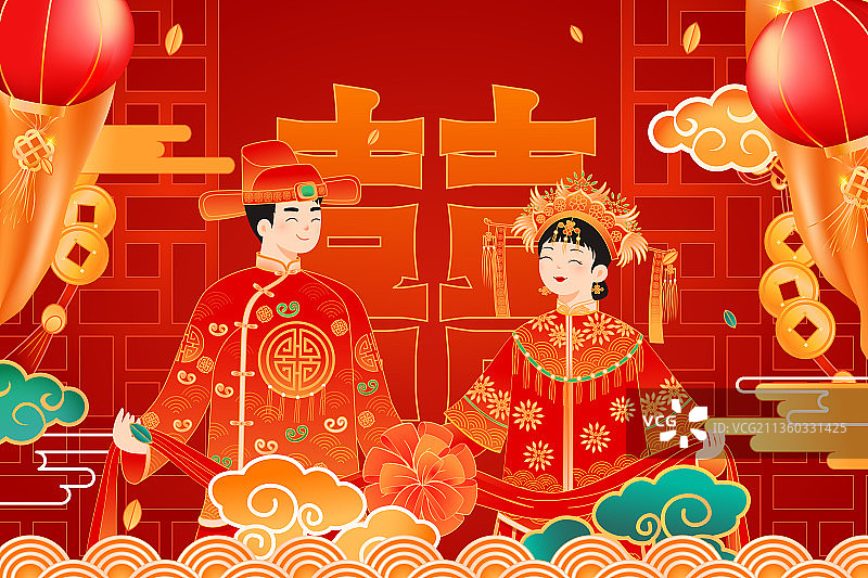 卡通七夕节年货节婚纱照结婚新中式情侣新婚中国风国潮矢量插画图片素材