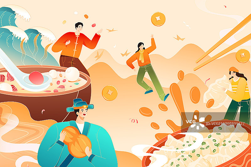 卡通2022虎年春节新年元旦腊八美食年夜饭中国风国潮矢量插画图片素材