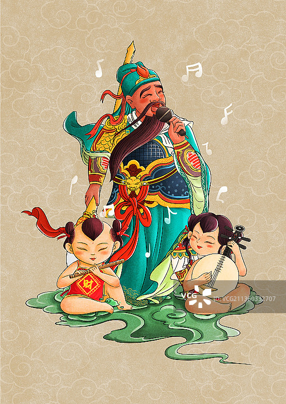 两个童子为财神奏乐图片素材
