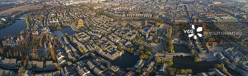 山东省枣庄台儿庄古城鸟瞰图片素材