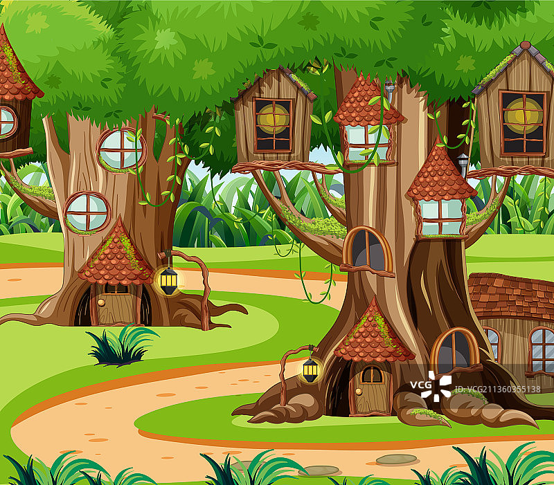带有树屋的梦幻森林场景图片素材