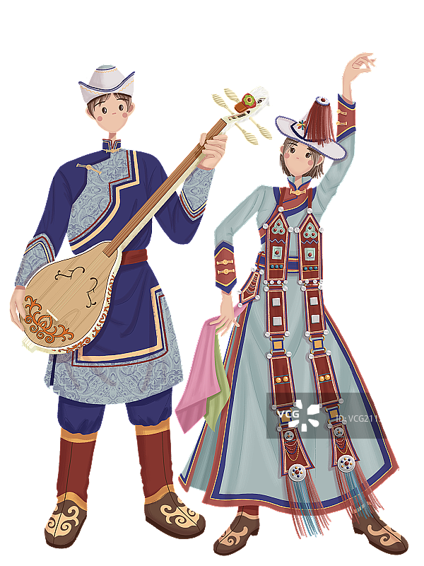 拿天鹅琴的裕固族少年和跳舞的裕固族少女图片素材