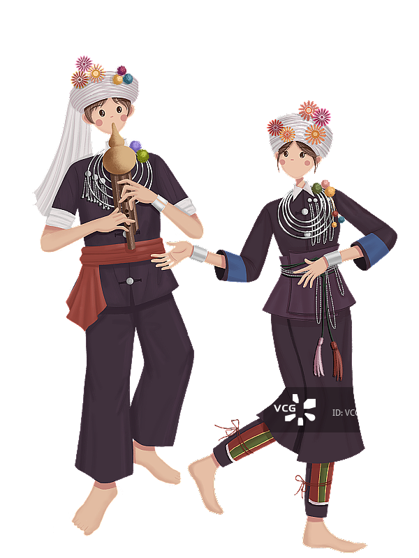 吹葫芦萧的阿昌族少年与跳舞的阿昌族少女图片素材