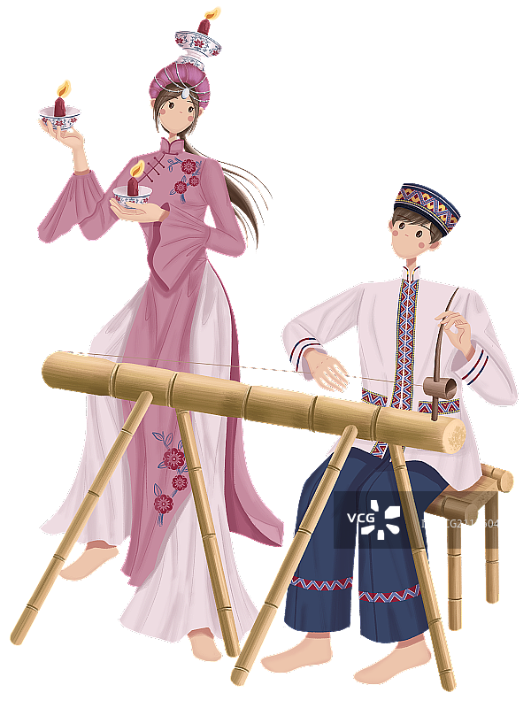 跳天灯舞的京族少女和弹独弦琴的京族少年图片素材