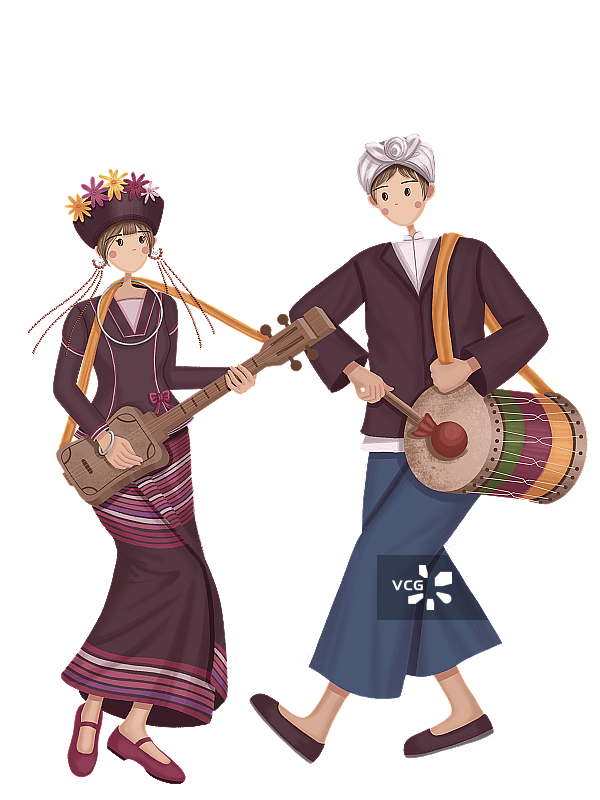 打蜂桶鼓的布朗族少年和弹奏玎琴的布朗族少女图片素材