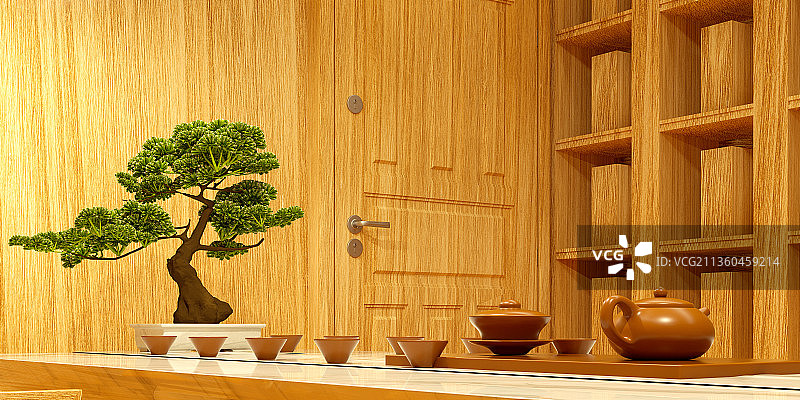 3D室内桌子上的茶具图片素材