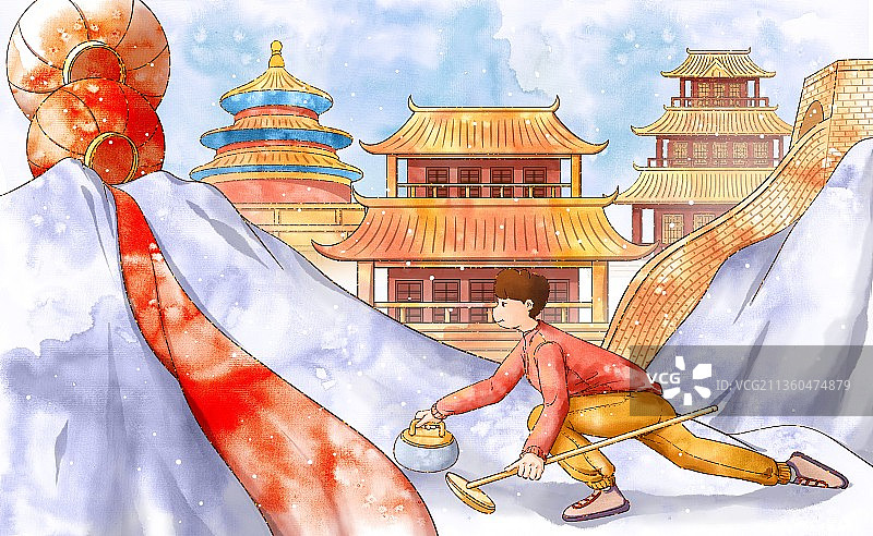 滑雪运动冰壶运动插画图片素材
