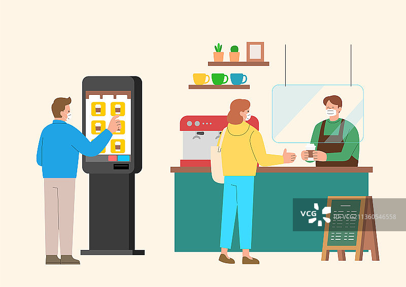 人们通过咖啡亭透明屏幕点咖啡图片素材