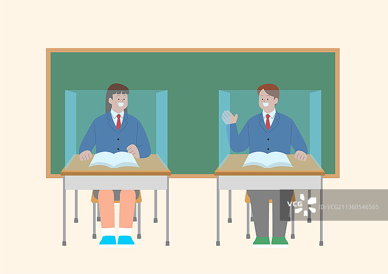 穿着校服的学生在隔板间交谈图片素材