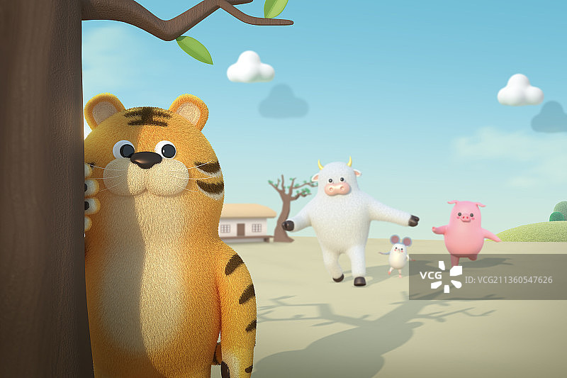 3D渲染可爱老虎图形，2022年与鱿鱼游戏概念图片素材