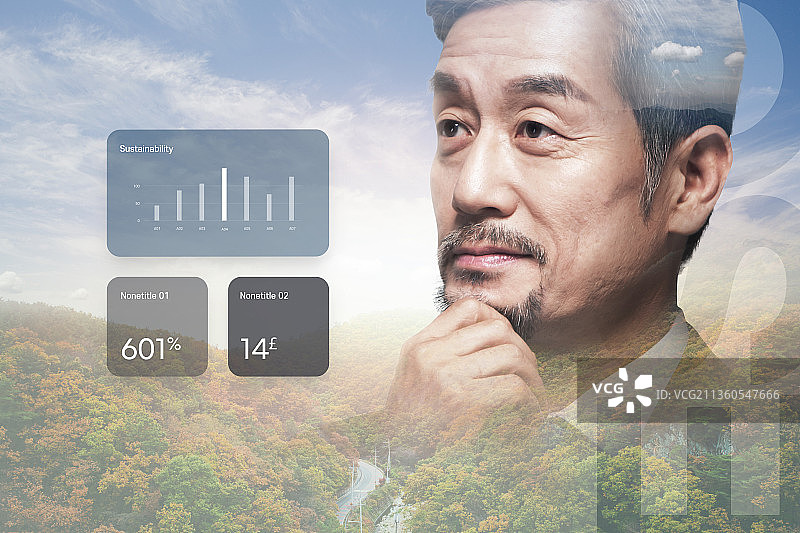 ESG环境、社会和公司治理创新海报，亚裔模特与自然能源背景的双重曝光图片素材