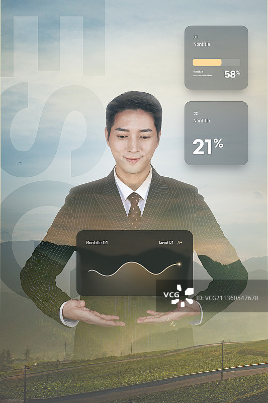 ESG环境、社会和公司治理创新海报，亚裔模特与自然能源背景的双重曝光图片素材