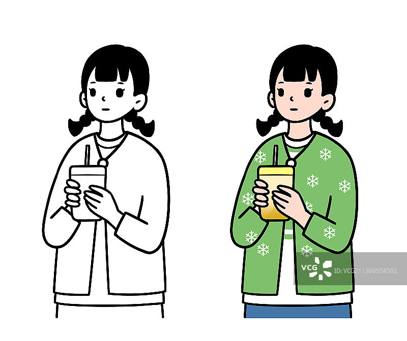 清新线条插画拿着奶茶的可爱女孩图片素材