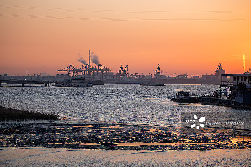 苏州市张家港码头清晨朝阳长江轮船水面吊装起重机木材市场工业运图片素材