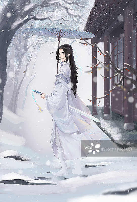 白衣男子雪中撑伞回眸图片素材